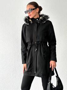 EURMUSE Drawstring Waist Fuzzy Trim Hooded Parka Coat - Black - View 4
