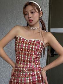 Dazy Designer Plaid & Heart Print Lace Trim Tube Top Sexy Women Tops Going Out Tops Carnival - Red - View 6