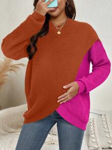 SHEIN Maternity Two Tone Drop Shoulder Asymmetrical Hem Sweater, For Winter - Orange - View 1