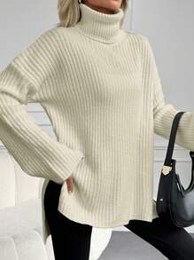 EURMUSE High Neck Drop Shoulder Split Hem Sweater - Beige - View 3