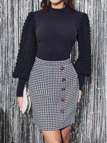 SHEIN Clasi Mock Neck Lantern Sleeve Top & Houndstooth Print Skirt - Multicolor - View 1