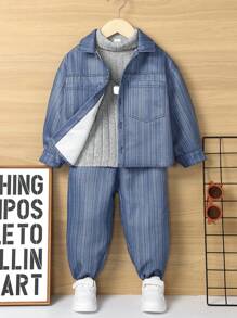 SHEIN Young Boys Casual Loose Jeans Texture Lapel Jacket + Straight Pants Set, Thermal Lined, Thickened - Blue - View 1