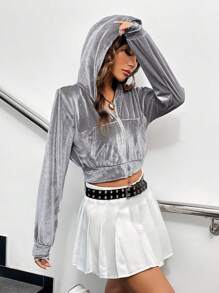 SHEIN Unity 女士休闲日常通勤时尚街头灯芯绒拉链连帽短款夹克，秋季 - 銀色 - 查看 3