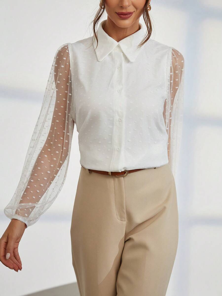 SHEIN Privé Contrast Mesh Sleeve Swiss Dot Shirt - White - View 1