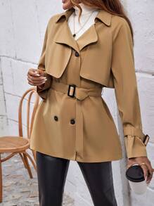 SHEIN Essnce Gabardina de doble botonadura con cinturón - Caqui - Ver 6
