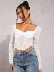 SHEIN BAE Sweetheart Neck Bustier Crop Mesh Top - White - View 4