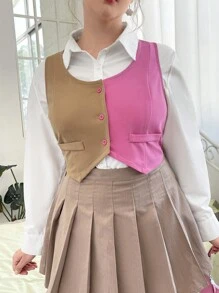 SHEIN EZwear Plus Two Tone Button Front Vest Blazer Without Shirt - Multicolor - View 5