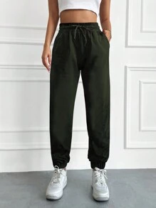 RueChic Solid Drawstring Waist Slant Pocket Sweatpants - Army Green - View 1