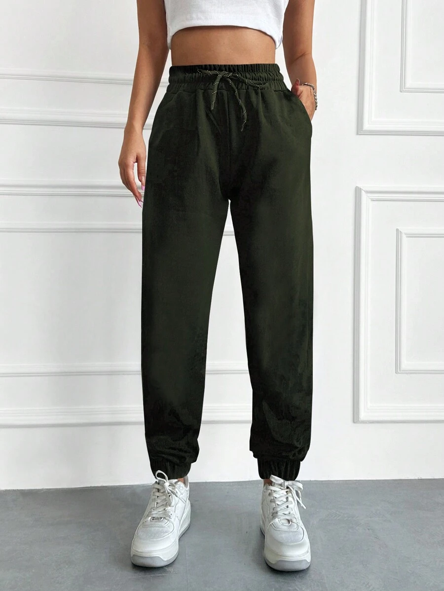 RueChic Solid Drawstring Waist Slant Pocket Sweatpants - Army Green - View 1