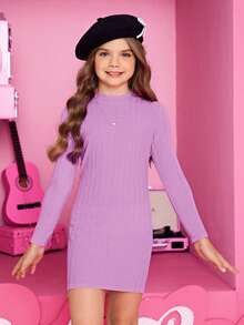 SHEIN Cô gái Tween Chất rắn Gân đan Đầm - Màu tím hoa cà - Xem 6
