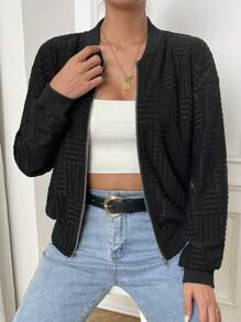 SHEIN Unity In Địa lý Dây kéo Áo khoác bomber - màu đen - Xem 5
