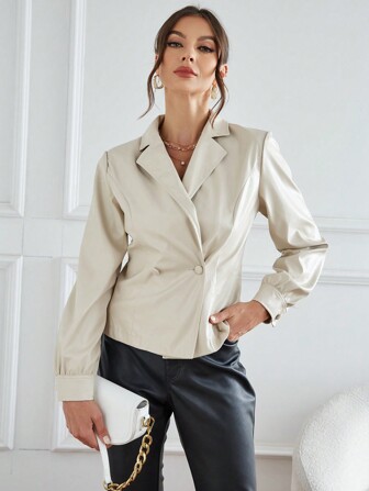 SHEIN Privé 西裝領雙排釦PU皮革夾克