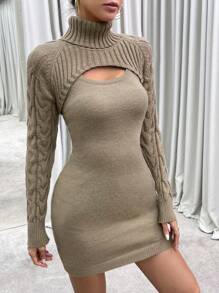 Chiquease 高領麻花編織女式緊身短套衫套頭毛衣&毛衣洋裝 - 駝色 - 查看 1