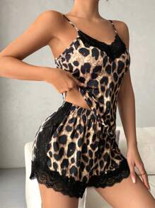 CoupledUp Leopard Print Contrast Lace PJ Set / Pajama Set - Multicolor - View 1