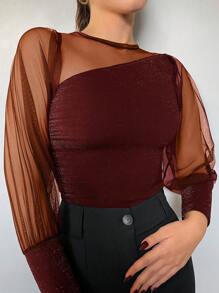 EURMUSE Contrast Mesh Lantern Sleeve Top - Red - View 5