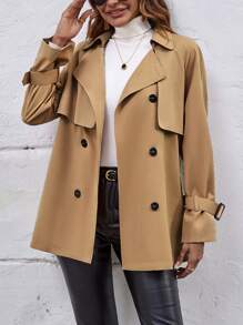 SHEIN Essnce Gabardina de doble botonadura con cinturón - Caqui - Ver 7