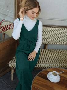 SHEIN Frenchy Solid Belted Corduroy Overall Jumpsuit Without Tee - Green - View 6