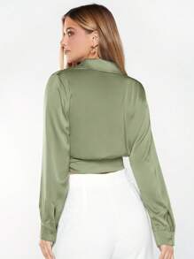 BizChic Women's V-Neck Long Sleeve Cropped Shirt With Knot Hem, Casual Urban Commuter Basic Minimalist Elegant Chic Business Casual Outfit, Suitable For Teachers And Office Wear, Autumn