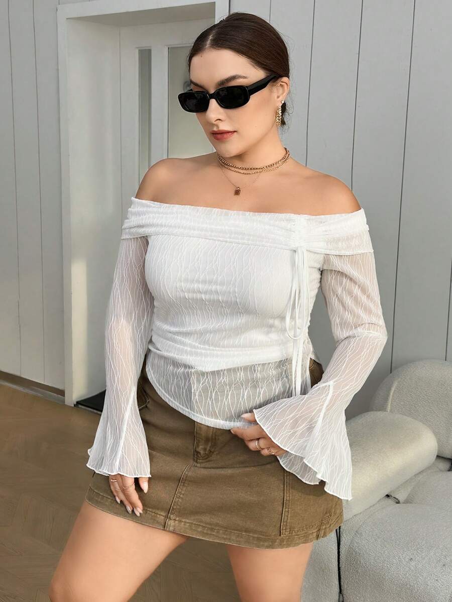 SHEIN Privé Plus Off Shoulder Drawstring Side Flare Sleeve Tee - White - View 1