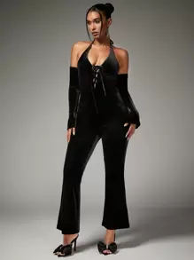 SHEIN BAE Lace Up Front Flare Leg Halter Jumpsuit With Arm Sleeves - Black - View 5