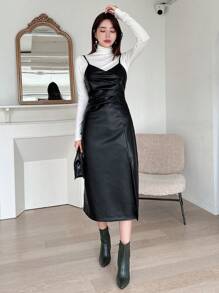 Dazy Star Chất rắn Tách đùi chất liệu da PU Váy Dây Without Tee - màu đen - Xem 6