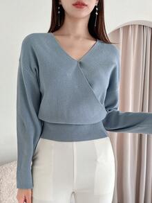 DAZY 交疊領落肩袖圍裹短款毛衣 - 藍色 - 查看 5