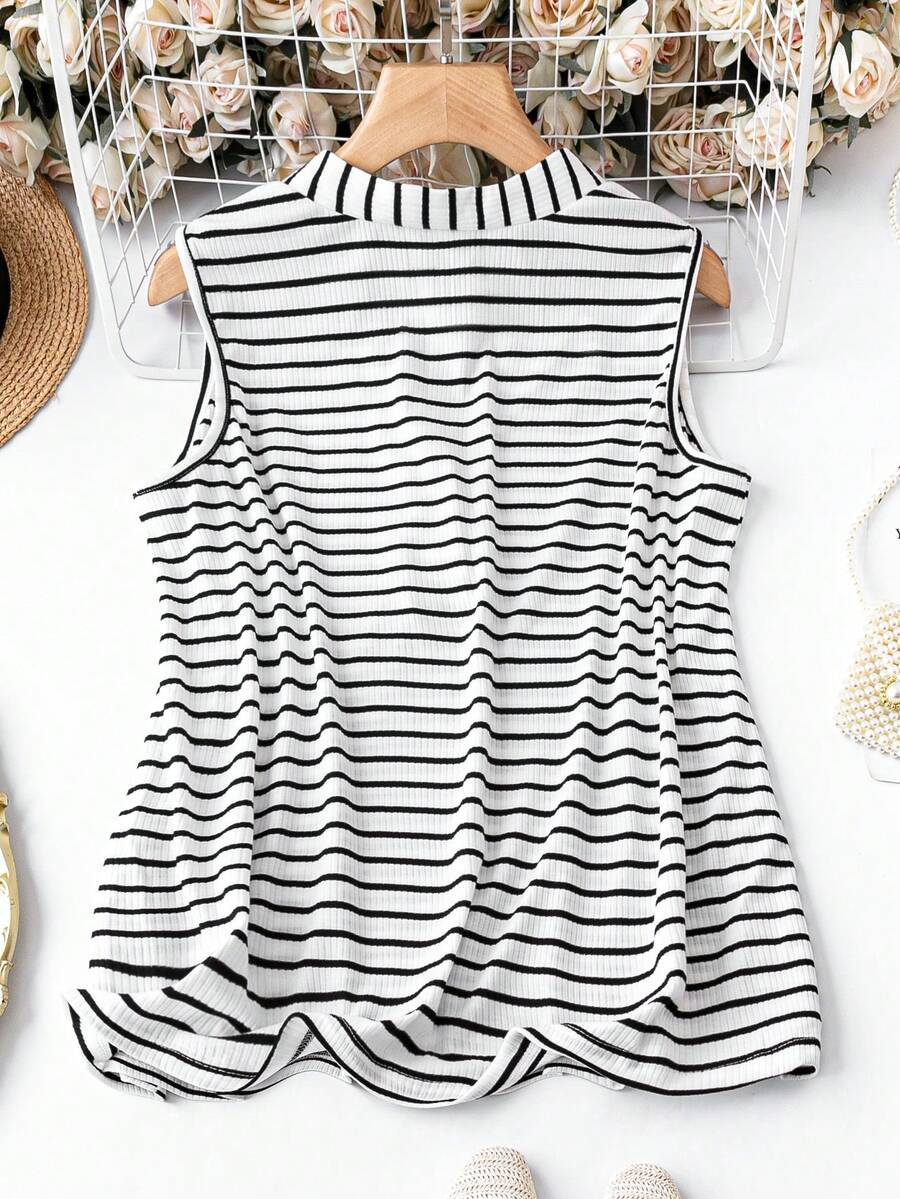SHEIN LUNE Hơn In sọc Đường viền cổ có rãnh Áo ba lỗ - Đen và trắng - Xem 1