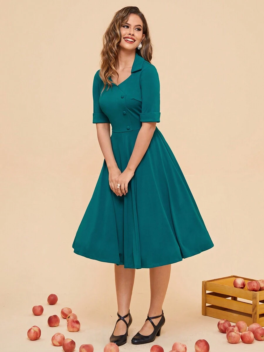 MUXXN 復古1950年代a字型工作雞尾酒晚會搖擺裙 - 水鴨藍 - 查看 1