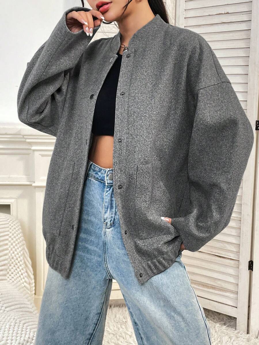 Flirla 落肩前扣大衣,女士深秋休闲纽扣,口袋落肩中式领子超大号灰色纯色女士大衣,休闲日常穿着 - 灰色 - 查看 1