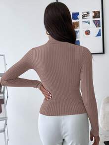 RueChic Turtleneck Ribbed Knit Sweater - Khaki - View 2
