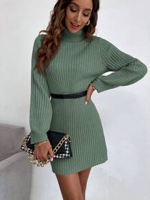 EURMUSE Turtleneck Ribbed Knit Sweater Dress Without Belt - Green - View 3