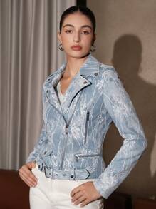 Chiquease 印花拉鏈開襟機車夾克 - 藍色 - 查看 6