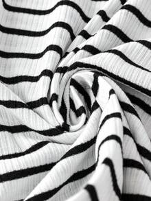 SHEIN LUNE Hơn In sọc Đường viền cổ có rãnh Áo ba lỗ - Đen và trắng - Xem 4