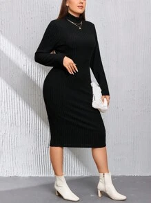 SHEIN Essnce Plus Mock Neck Ribbed Knit Bodycon Dress Without Belt - Black - View 5