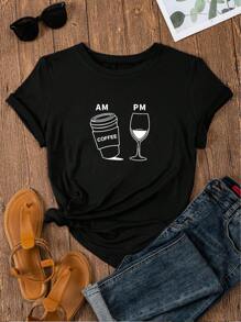 SHEIN LUNE Cà phê & Đồ họa Chữ cái Áo thun - màu đen - Xem 1