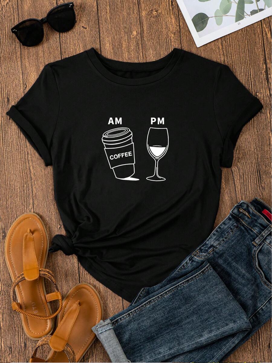 SHEIN LUNE Cà phê & Đồ họa Chữ cái Áo thun - màu đen - Xem 1