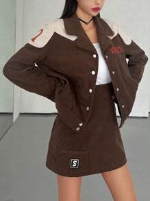 SHEINNeu Letter Embroidery Colorblock Drop Shoulder Corduroy Jacket