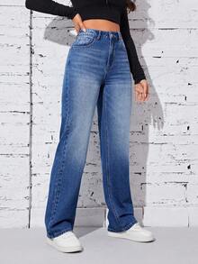 SHEIN Privé Zipper Fly Straight Leg Jeans - Light Wash - View 5