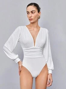 SHEIN BIZwear 深V領抽褶腰燈籠袖連身背心 - 白色 - 查看 3