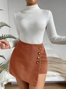 SHEIN Privé Button Detail Wrap Corduroy Skort - Rust Brown - View 2