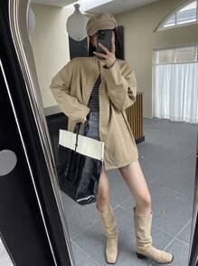 DAZY Chất rắn Thả vai Nút phía trước áo - Màu Khaki - Xem 5