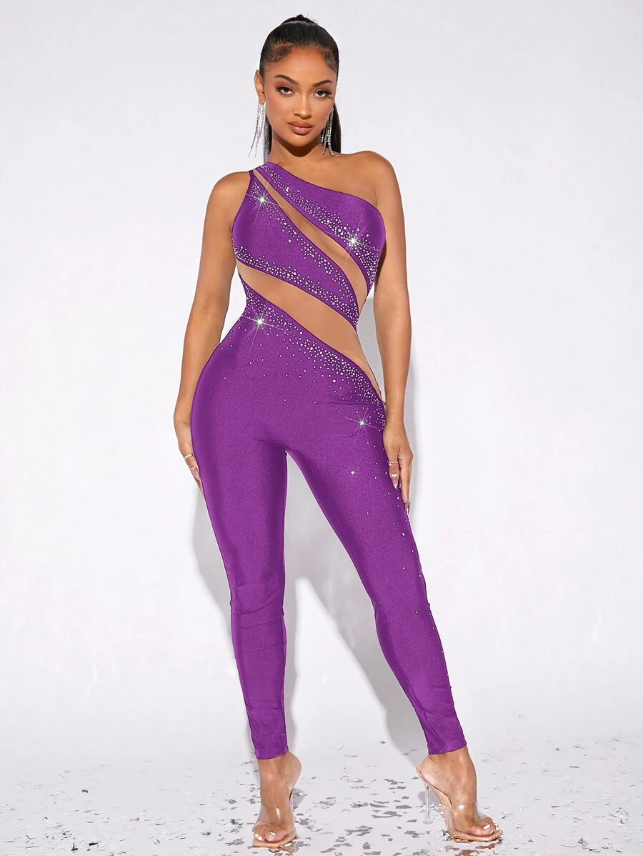 SHEIN SXY 單肩水鑽嵌入網紗彈力緊身連體褲 - 紫色 - 查看 1