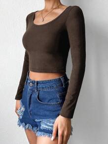 Camiseta crop unicolor de cuello scoop - Camel - Ver 3