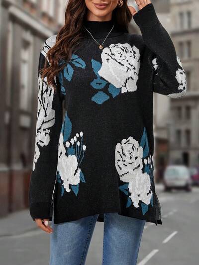 Floral Pattern Turtleneck Drop Shoulder Split Hem Sweater