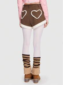 ROMWE 可愛的心形羊毛灰絨日本風kawaii女性短褲 - 棕色 - 查看 1