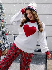 SHEIN EZwear 大碼愛心圖案拼接邊落肩袖套頭毛衣 - 彩色 - 查看 1