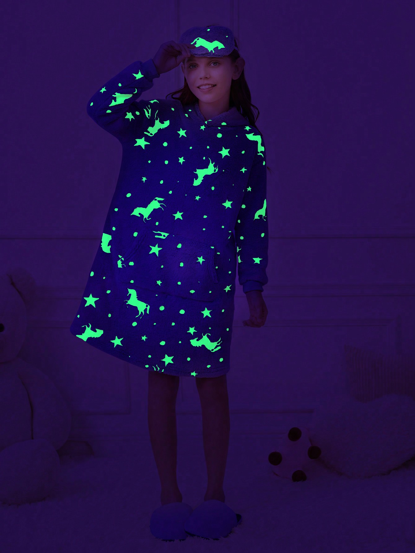 Tween Girl Reflective Unicorn and Star Print 3D Ears Hooded Sleep