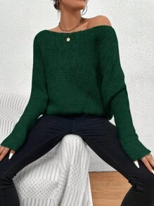 SHEIN Privé Cổ thuyền tay cánh Áo len - Màu xanh lá cây đậm - Xem 6