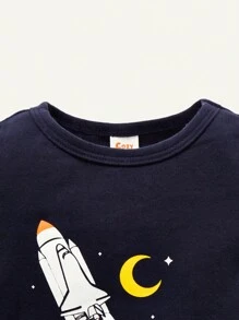 Baby Boy Snug Fit Pajama, Rocket Print Round Neck Top And Long Pants Set - Royal Blue - View 4