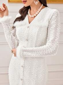 Modelyn Fuzzy Cuff Button Front Bodycon Dress - Apricot - View 5